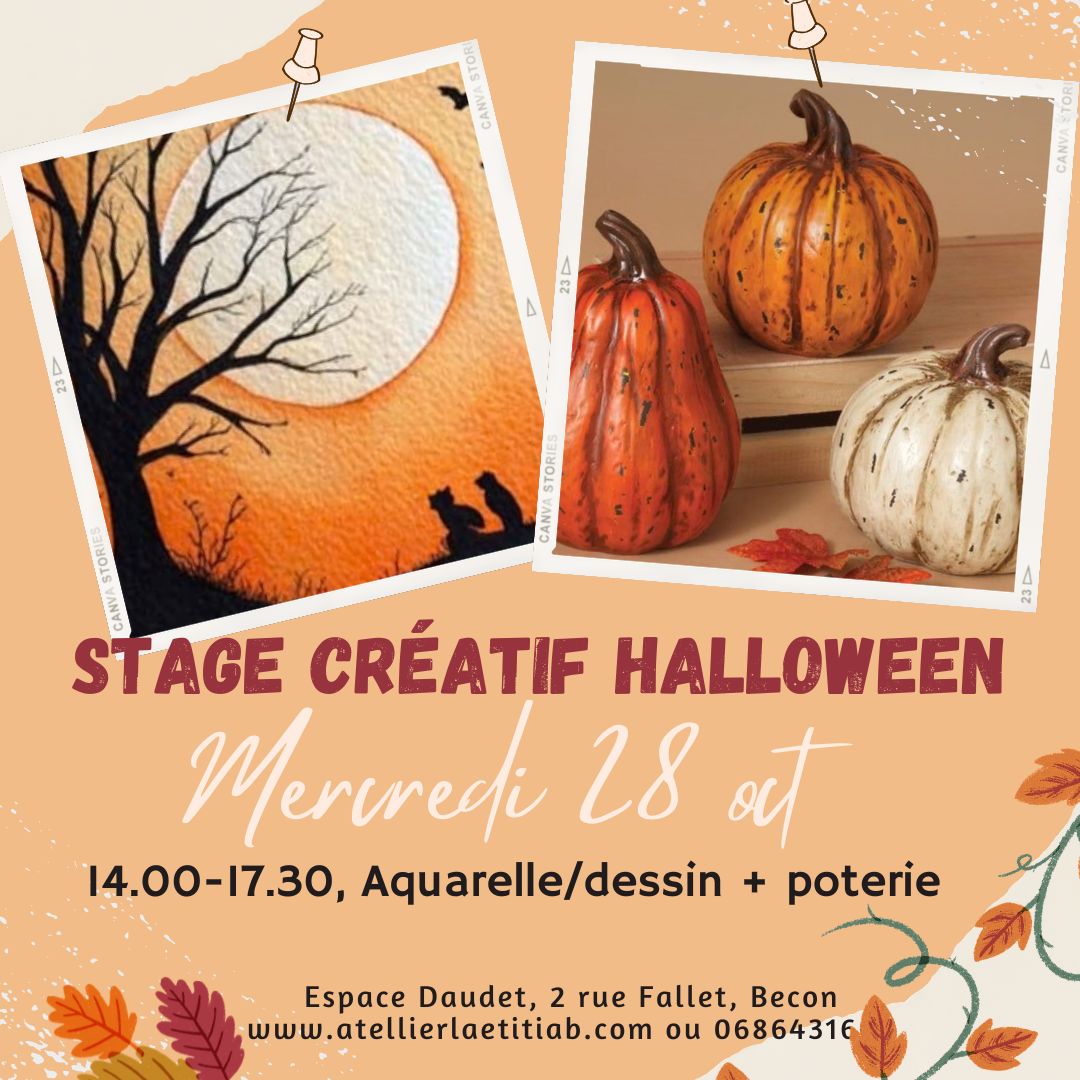 Stage créatif Halloween, le mercredi 28 Octobre de 14:00 à 17:30 : Aquarelle/dessin et poterie. Espace Daudet, 2 rue Fallet, Becon.